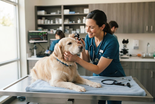 Médica veterinaria de guardia en Pocas Pulgas 2 examinando a un perro con calidez