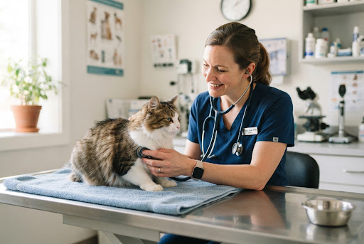Médica veterinaria auscultando con estetoscopio a un gato sobre la mesa de examen clínico