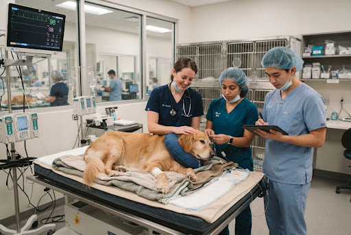 Equipo de profesionales veterinarios monitoreando a un perro en cuidados intensivos con sueros y monitores